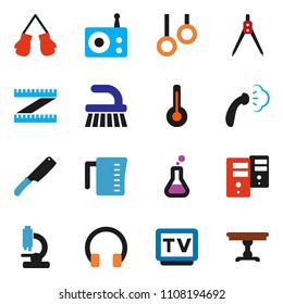 solid vector ixon set - fetlock vector, steaming, measuring cup, knife, drawing compass, boxing glove, gymnast rings, radio, tv, headphones, thermometer, flask, microscope, server, table