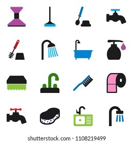 solid vector ixon set - fetlock vector, mop, sponge, water tap, car, bath, toilet brush, liquid soap, paper, shower, sink