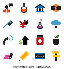 solid vector ixon set - fetlock vector, welcome mat, steaming, pencil, apple fruit, university, dollar growth, yen sign, fitness, speaking man, flask, pills bottle, cloud upload, disconnection