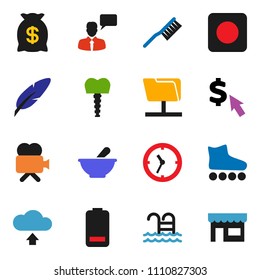 solid vector ixon set - fetlock vector, pen, dollar cursor, roller Skates, pool, clock, video camera, speaking man, battery, rec button, mortar, tooth implant, network folder, cloud upload, store