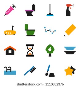 solid vector ixon set - fetlock vector, mop, toilet, brush, sprayer, plates, pencil, constellation, sand clock, syringe, router, pool, fruit tree, home, star