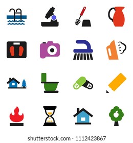 solid vector ixon set - fetlock vector, steaming, toilet, brush, jug, pencil, microscope, sand clock, scales, pool, flammable, camera, pills, house, chalet, fruit tree
