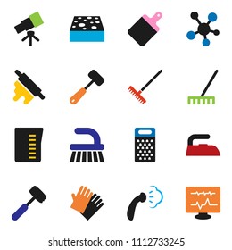 solid vector ixon set - fetlock vector, rake, sponge, iron, steaming, rubber glove, measuring cup, rolling pin, meat hammer, cutting board, grater, telescope, social media, diagnostic monitor