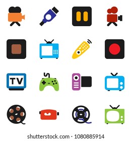 solid vector ixon set - film spool vector, tv, gamepad, video camera, remote control, pause button, stop, rec, hdmi