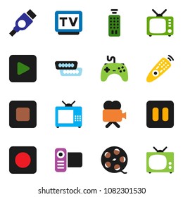 solid vector ixon set - film spool vector, tv, gamepad, video camera, remote control, play button, pause, stop, rec, hdmi