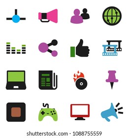 solid vector ixon set - film frame vector, music hit, newspaper, loudspeaker, gamepad, equalizer, internet, monitor, notebook pc, group, finger up, thumbtack, stop button, connect, share