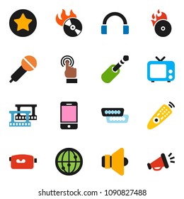 solid vector ixon set - film frame vector, music hit, microphone, speaker, tv, video camera, remote control, internet, mobile phone, touchscreen, headphones, favorites, hdmi, jack, loudspeaker