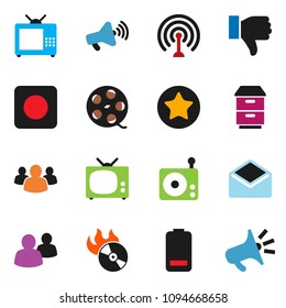 solid vector ixon set - film spool vector, music hit, radio, antenna, loudspeaker, group, finger down, favorites, battery, mail, rec button, tv