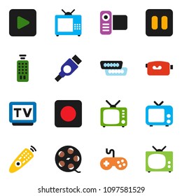 solid vector ixon set - film spool vector, tv, gamepad, video camera, remote control, play button, pause, rec, hdmi