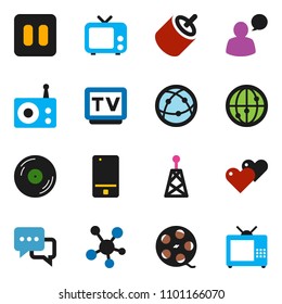 solid vector ixon set - film spool vector, disk, radio, antenna, tv, internet, mobile phone, dialog, speaking man, social media, heart, pause button, rca