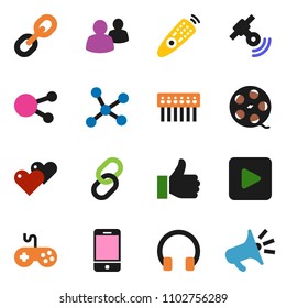 solid vector ixon set - film spool vector, satellitie, gamepad, remote control, mobile phone, headphones, social media, link, group, finger up, heart, play button, network, hub, loudspeaker