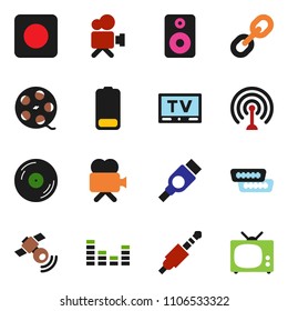 solid vector ixon set - film spool vector, disk, antenna, satellitie, equalizer, tv, video camera, link, speaker, battery, rec button, hdmi, jack