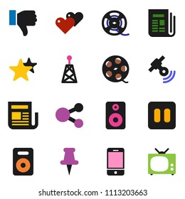 solid vector ixon set - film spool vector, antenna, satellitie, newspaper, mobile phone, speaker, finger down, favorites, heart, thumbtack, pause button, share, tv