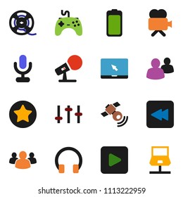 solid vector ixon set - film spool vector, microphone, satellitie, gamepad, settings, video camera, headphones, notebook pc, group, favorites, battery, play button, backward, network