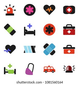 solid vector ixon set - first aid kit vector, doctor bag, ambulance star, heart pulse, patch, hospital bed, amkbulance car, bandage, siren