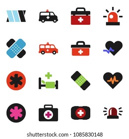 solid vector ixon set - first aid kit vector, doctor bag, ambulance star, heart pulse, patch, hospital bed, amkbulance car, bandage, siren