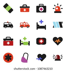 solid vector ixon set - first aid kit vector, doctor bag, ambulance star, heart pulse, patch, hospital bed, amkbulance car, bandage, siren