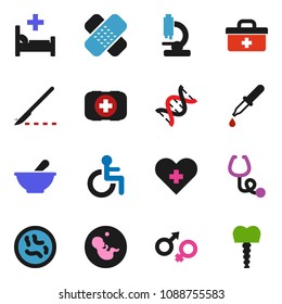 solid vector ixon set - first aid kit vector, doctor bag, disabled, heart cross, gender sign, dna, pregnancy, dropper, scalpel, patch, stethoscope, mortar, microscope, microbs, hospital bed
