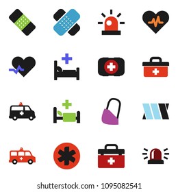 solid vector ixon set - first aid kit vector, doctor bag, ambulance star, heart pulse, patch, hospital bed, amkbulance car, bandage, siren