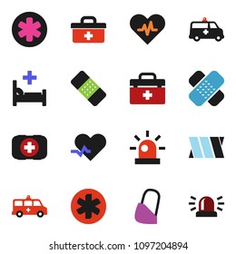 solid vector ixon set - first aid kit vector, doctor bag, ambulance star, heart pulse, patch, hospital bed, amkbulance car, bandage, siren