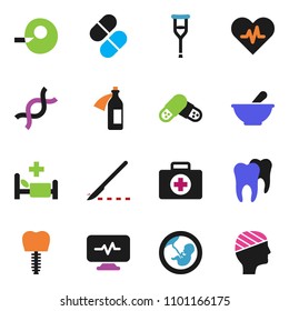 solid vector ixon set - first aid kit vector, heart pulse, dna, pregnancy, insemination, crutches, scalpel, pills, mortar, hospital bed, diagnostic monitor, potion, tooth, implant, head bandage