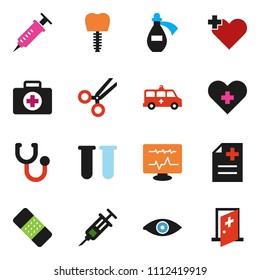 solid vector ixon set - first aid kit vector, heart cross, vial, eye, syringe, scissors, patch, stethoscope, anamnesis, amkbulance car, diagnostic monitor, potion, tooth implant, medical room