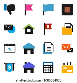 solid vector ixon set - flag vector, calculator, dollar, document, finger down, stop button, browser, home, mail, house