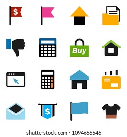 solid vector ixon set - flag vector, calculator, arrow up, dollar, document, finger down, mail, browser, home, house, buy, clothes