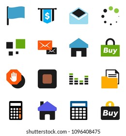 solid vector ixon set - flag vector, calculator, dollar, document, equalizer, mail, stop button, home, loading, buy