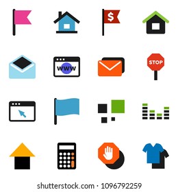 solid vector ixon set - flag vector, calculator, arrow up, dollar, equalizer, mail, browser, loading, stop, house, clothes