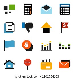 solid vector ixon set - flag vector, calculator, arrow up, dollar, document, equalizer, finger down, mail, loading, stop, house