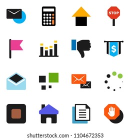 solid vector ixon set - flag vector, calculator, arrow up, dollar, document, equalizer, finger down, mail, stop button, home, loading