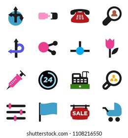 solid vector ixon set - flag vector, route, tulip, classic phone, social media, syringe, connect, equalizer, connection, sale signboard, client search, 24 hour, cashbox, baby stroller