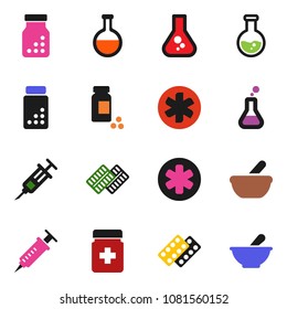 solid vector ixon set - flask vector, pills vial, ambulance star, syringe, bottle, blister, mortar
