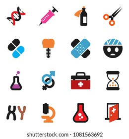 solid vector ixon set - flask vector, doctor bag, gender sign, dna, syringe, scissors, sand clock, patch, pills, microscope, chromosomes, potion, tooth implant, head bandage, medical room