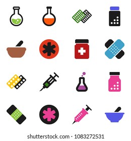 solid vector ixon set - flask vector, pills vial, ambulance star, syringe, patch, bottle, blister, mortar