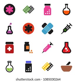 solid vector ixon set - flask vector, pills vial, ambulance star, syringe, patch, bottle, blister, mortar