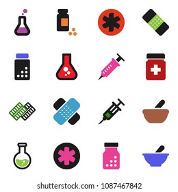 solid vector ixon set - flask vector, pills vial, ambulance star, syringe, patch, bottle, blister, mortar