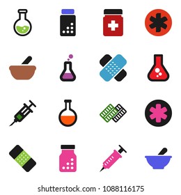 solid vector ixon set - flask vector, pills vial, ambulance star, syringe, patch, bottle, blister, mortar