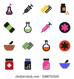 solid vector ixon set - flask vector, pills vial, ambulance star, syringe, patch, bottle, blister, mortar