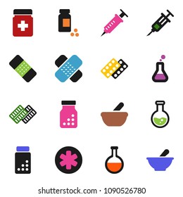 solid vector ixon set - flask vector, pills vial, ambulance star, syringe, patch, bottle, blister, mortar