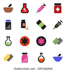 solid vector ixon set - flask vector, pills vial, ambulance star, syringe, patch, bottle, blister, mortar