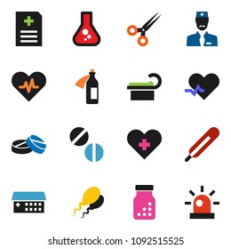 solid vector ixon set - flask vector, heart pulse, cross, thermometer, scissors, pills, bottle, anamnesis, hospital building, tomography, potion, sperm, doctor, siren
