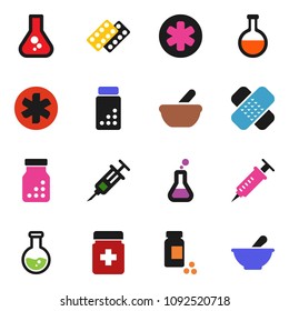 solid vector ixon set - flask vector, pills vial, ambulance star, syringe, patch, bottle, blister, mortar