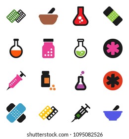 solid vector ixon set - flask vector, pills vial, ambulance star, syringe, patch, bottle, blister, mortar