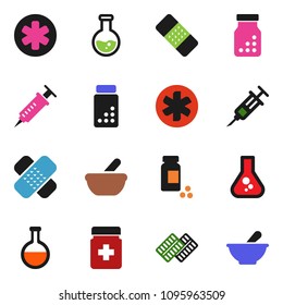 solid vector ixon set - flask vector, pills vial, ambulance star, syringe, patch, bottle, blister, mortar
