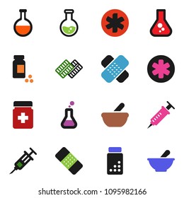 solid vector ixon set - flask vector, pills vial, ambulance star, syringe, patch, bottle, blister, mortar