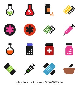 solid vector ixon set - flask vector, pills vial, ambulance star, syringe, patch, bottle, blister, mortar