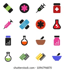 solid vector ixon set - flask vector, pills vial, ambulance star, syringe, patch, bottle, blister, mortar