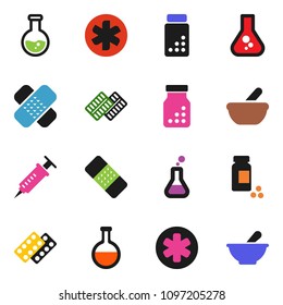 solid vector ixon set - flask vector, pills vial, ambulance star, syringe, patch, bottle, blister, mortar